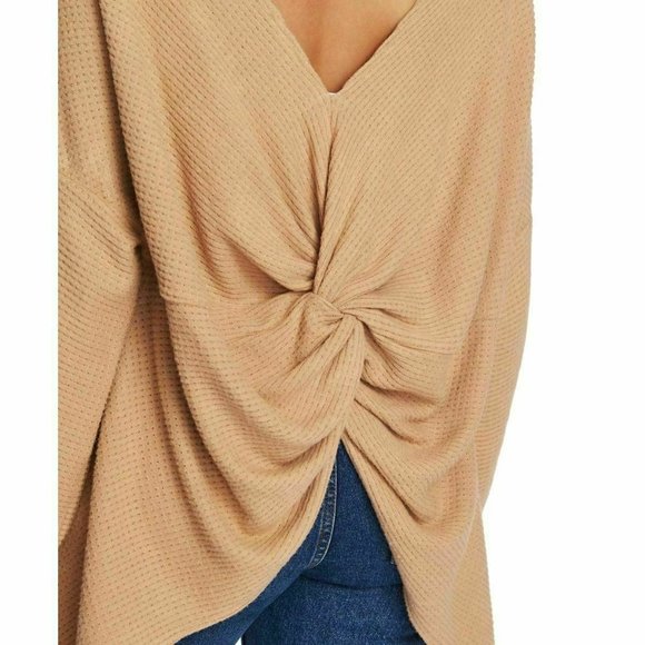 1 STATE Women's Asymmetrical Knot Back Waffle Knit Boat Neck Sweater Top NWT S - Picture 2 of 4